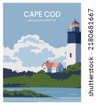 cape cod massachusetts with Lighthouse poster illustration. vector with minimalist style for postcard, art print, background.