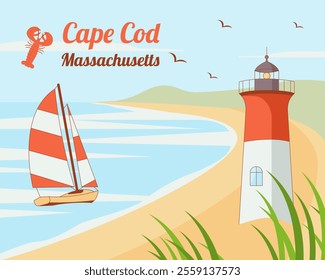 Cape Cod peninsula on the Atlantic Ocean, Massachusetts, USA. Maritime landscape with lobster, lighthouse, beach and sailboat. Trendy minimalist travel and tourism concept. Hand drawn 100 % vector.