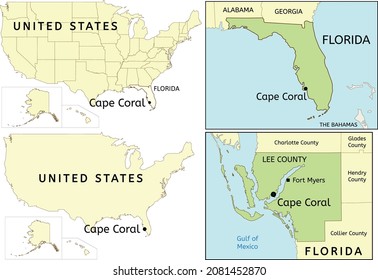 Localización de Ciudad del Cabo Coral en EE.UU., estado de Florida y el condado de Lee