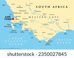 Cape of Good Hope, a region in South Africa, political map. From Cape Town and Cape Peninsula, a rocky headland on the South Atlantic coast, to Cape Agulhas, the southern tip of the continent Africa.
