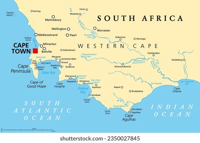 Kap der guten Hoffnung, eine Region in Südafrika, politische Landkarte. Von Kapstadt und Kaphalbinsel, einer Felsbucht an der Südatlantik-Küste, bis zum Kap Agulhas, der Südspitze des afrikanischen Kontinents.