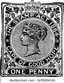 Cape of Good Hope Revenue Stamp (1 penny) from 1883, a adhesive piece of paper was stuck to something to show an amount of money paid, vintage line drawing or engraving illustration.