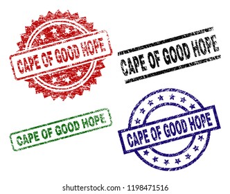 CAPE OF GOOD HOPE seal prints with distress surface. Black, green,red,blue vector rubber prints of CAPE OF GOOD HOPE text with grunge surface. Rubber seals with round, rectangle, medal shapes.
