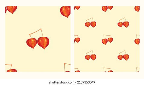Dibujo a mano de gooseberry de Cabo. Patrón de vectores sin fisuras para el fondo, la impresión, la ropa u otros usos.                                                                                           