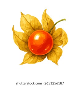 Cape gooseberry with yellow leaf cover in vector style