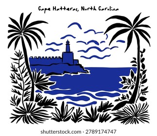 Cape Hatteras NC, coastal art, lighthouse, ocean waves, palm trees, travel souvenir, nautical landscape, minimalist drawing art