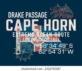 Kap Horn Drake Passage extreme Segelherausforderung Vintage nautische Vektorgrafik für Junge-T-Shirt  