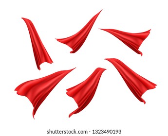 Cape isolated on white background. Red superhero cloak. Vector super hero cloth or silk flying cape template.