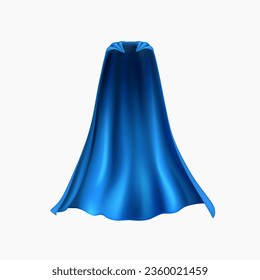 Cape isolated on white background. 3d blue superhero cloak. Vector silk flying super hero clothes, halloween children costume, satin theatre cloth or mantle