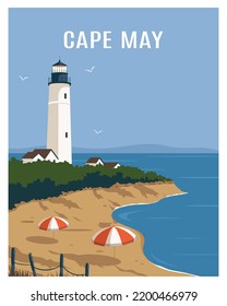 Cape May Lighthouse landscape background. travel to New Jersey. vector illustration suitable for poster, postcard, art print.