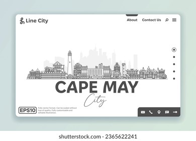 Cape May, New Jersey USA Architektur Linie Skyline Illustration. Lineares Vektorbild mit berühmten Wahrzeichen, Sehenswürdigkeiten, Designsymbols. Landschaft mit bearbeitbaren Strichen.