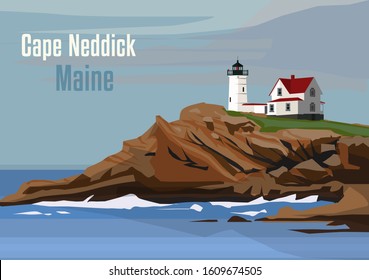 The Cape Neddick Light in Cape Neddick, York, Maine, United States. Vector illustration