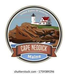 The Cape Neddick Light in Cape Neddick, York, Maine, United States. Vector illustration