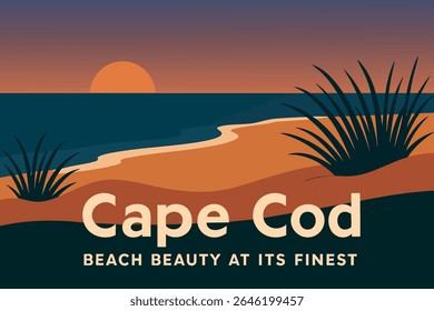 Cape Cod’s pristine beaches are bathed in a warm, golden glow during sunset, offering a serene and tranquil atmosphere where the soft ocean breeze and clear skies create a perfect coastal retreat