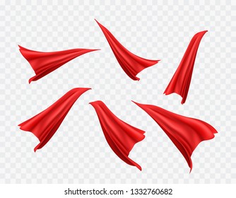 Cape set isolated on transparent background. Red superhero cloak. Vector super hero cloth or silk flying cape template.
