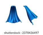Cape set isolated on white background. 3d blue superhero cloaks. Vector silk flying super hero clothes, halloween children costume, satin theatre cloth or mantle