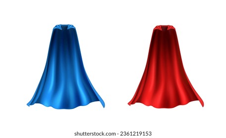 Cabo aislado de fondo blanco. Tapos de superhéroes rojos y azules. Seda vectorial volando ropa de super héroe, niños de halloween disfraces de vampiros, manto de teatro satinado o manto