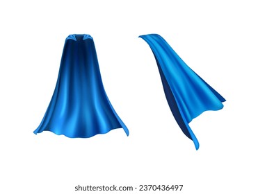 Cape set isolated on white background. 3d blue superhero cloaks. Vector silk flying super hero clothes, halloween children costume, satin theatre cloth or mantle