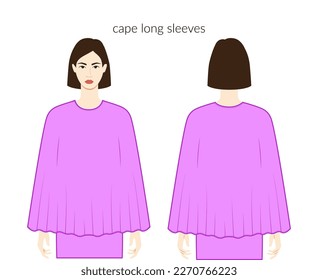 Cape sleeves clothes long length clothes character beautiful lady in purple top, shirt, dress technical fashion illustration. Flat apparel template front, back sides. Women, men unisex CAD mockup