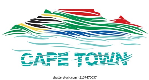 Cape Town’s Table Mountain in a stylised design, using the South African flag colours depicting rough sea waves and wind effect symbolising the strong south easter wind that Cape Town is famous for.