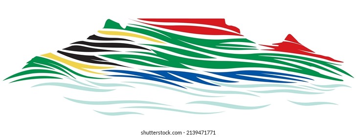 Cape Town’s Table Mountain stylised design with the South African flag colours depicting rough sea waves and wind effect symbolising the strong south easter wind known as the ‘Cape Doctor’.