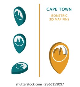 Cape Town 3D vector logo set. South Africa isometric map pin, geolocation pointer, modern skyline icon, concept, isolated graphic