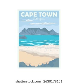 cape town adventure vintage poster illustration design, landscape view of cape town nature design