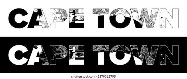 Kapstadt-Name (Südafrika, Afrika) mit schwarz-weißer Stadtplan-Vektorgrafik