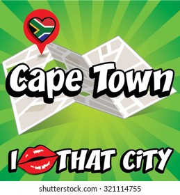 Cape Town. I Love That City. Vector Illustration with country flag.