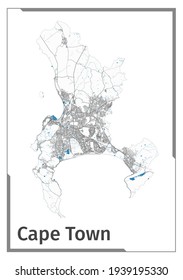 Cape Town map poster, administrative area plan view. Black, white and blue detailed design map of Cape Town city with rivers and streets. Outline silhouette of metropolitan cityscape.