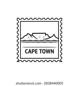 Cape Town postage stamp featuring a flat topped mountain above a coastal city line in a simple black and white destination illustration