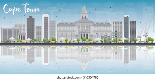 Cape town skyline with grey buildings, blue sky and reflection. Vector illustration. Business travel and tourism concept with place for text. Image for presentation, banner, placard and web site.