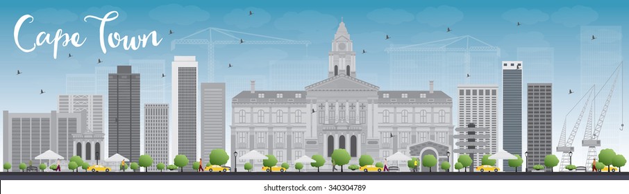Cape town skyline with grey buildings and blue sky. Vector illustration. Business travel and tourism concept with modern buildings. Image for presentation, banner, placard and web site.