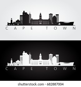 Cape Town Skyline And Landmarks Silhouette, Black And White Design, Vector Illustration. 