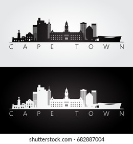 Cape Town skyline and landmarks silhouette, black and white design, vector illustration. 