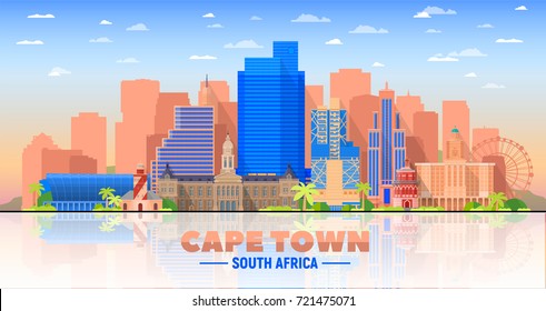 Cape Town skyline with panorama in white background. Vector Illustration. Business travel and tourism concept with modern buildings. Image for presentation, banner, web site.