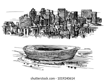 Cape town skyline, Stadium, hand drawn illustration.