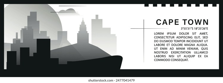 Cape Town skyline vector banner, black and white minimalistic cityscape silhouette. South Africa city horizontal graphic, travel infographic, monochrome layout for website