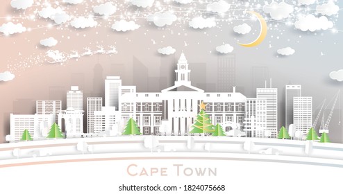 Cape Town South Africa City Skyline in Paper Cut Style with Snowflakes, Moon and Neon Garland. Vector Illustration. Christmas and New Year Concept. Santa Claus on Sleigh.