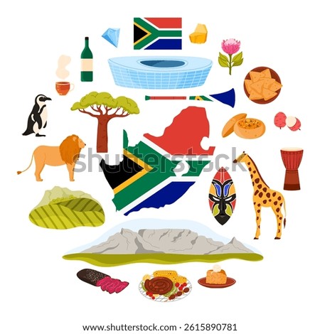 Cape Town Stadium, Table Mountain and Zulu Mask, Vuvuzela horn and Jembe drum, Protea flower cartoon vector illustration. Culture elements, nature and landmark of South Africa round infographic banner