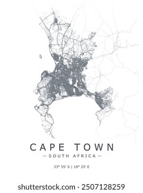 Cape Town vector print map. Detailed map of Cape Town in South Africa. Best free vector illustration. Tourist minimalist decorative street map.