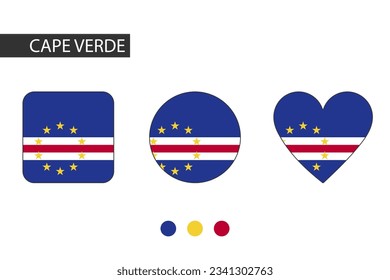 Cape Verde 3 shapes (square, circle, heart) with city flag. Isolated on white background.