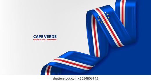 Cape Verde 3D ribbon flag. Bent waving 3D flag in colors of the Cape Verde national flag. National flag background design.