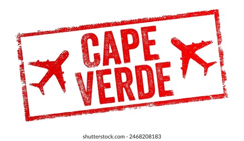 Cape Verde - is an archipelago and island country of West Africa in the central Atlantic Ocean, text emblem stamp with airplane