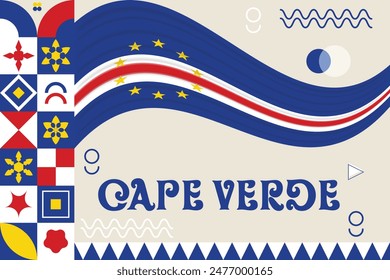 Cape Verde banner with cultural design. Independence day design for Cape Verde celebration. Modern neo geometric retro design with flag, map and abstract icons. Blue and Yellow. Vector Illustration