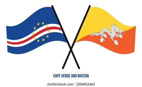 Cape Verde and Bhutan Flags Crossed And Waving Flat Style. Official Proportion. Correct Colors.