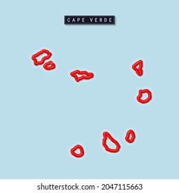 Cape Verde bold outline map. Glossy red border with soft shadow. Country name plate. Vector illustration.