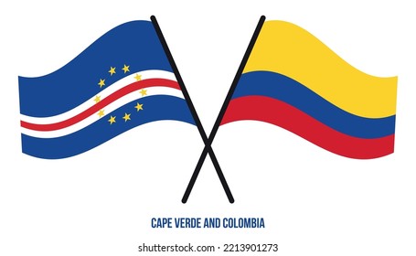 Cape Verde and Colombia Flags Crossed And Waving Flat Style. Official Proportion. Correct Colors.