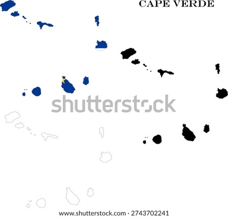 Cape Verde Country Maps Bundle with National Flag, Black Silhouette and Detailed Outline Contours