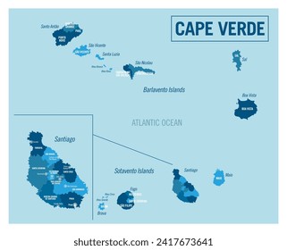 Cape Verde country political map. Detailed vector illustration with isolated provinces, departments, regions, cities, islands and states easy to ungroup.